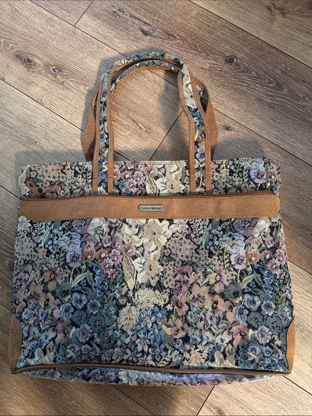 John Weitz  Vintage floral tapestry travel tote bag.